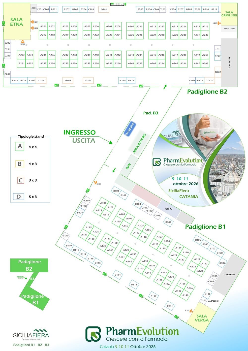 Planimetria di PharmEvolution 2026 con i padiglioni B1, B2 e B3